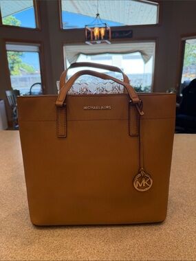 Michael Kors Tan Saffiano Leather Structured Tote with MK Charm